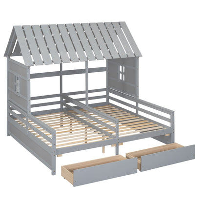 House Platform Bed with 2 Drawers, side-by-side, gray finish, house-shaped roof frame on Tampa Home & Garden Store