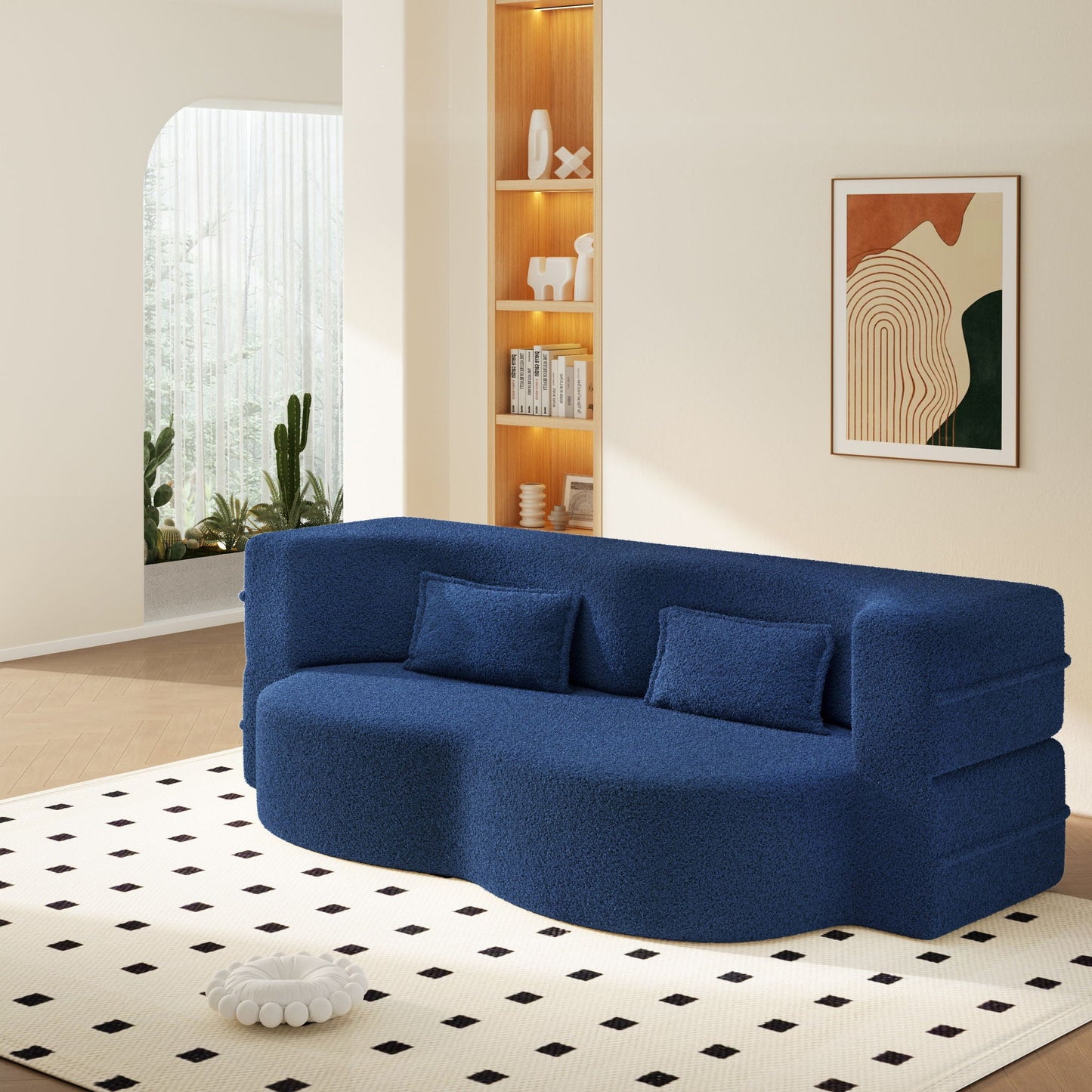 Modern Floor Sleeper Sofa Bed And Two Pillows
