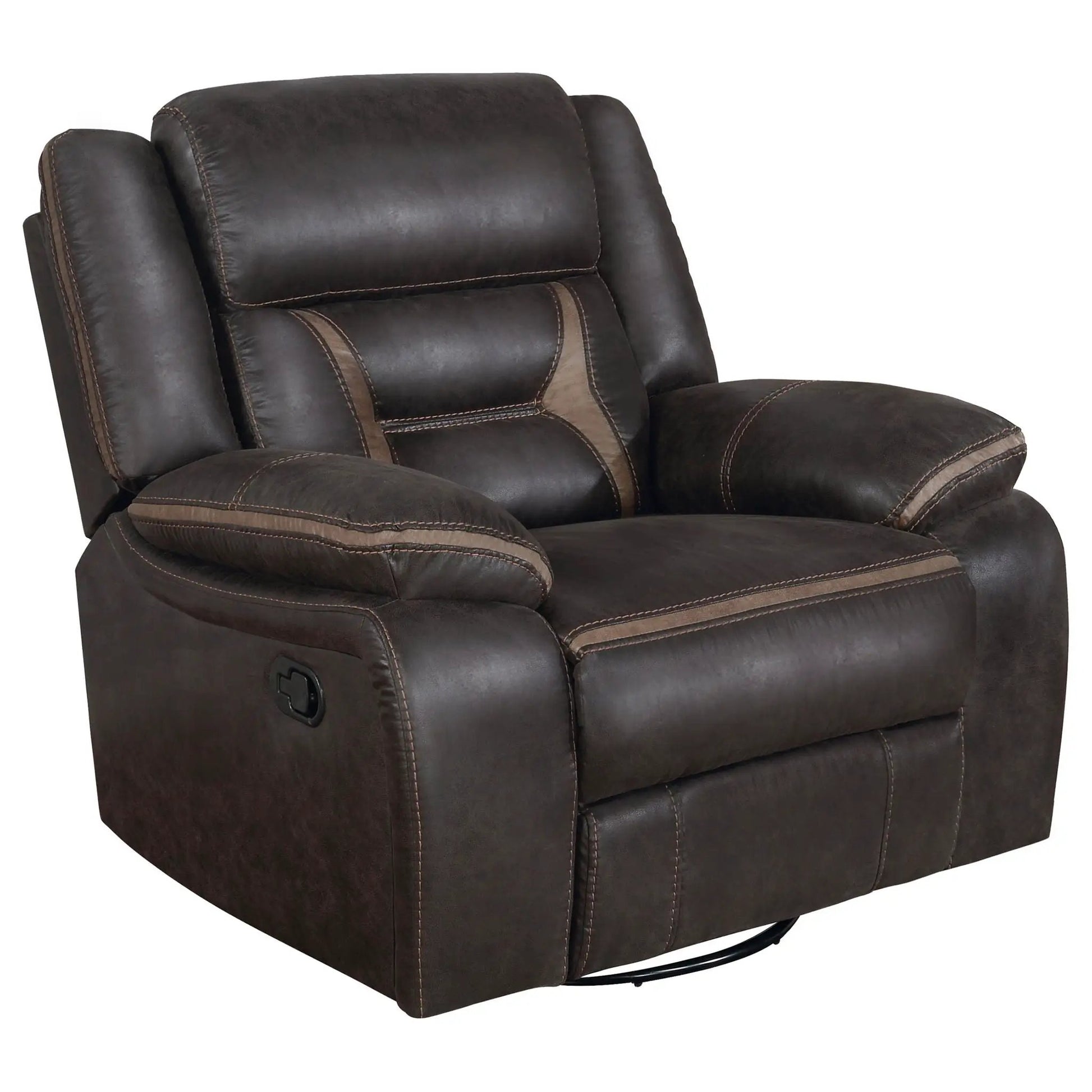Brazelton Swivel Glider Recliner in dark brown leather with contrasting tan stitching on Tampa Home & Garden Store