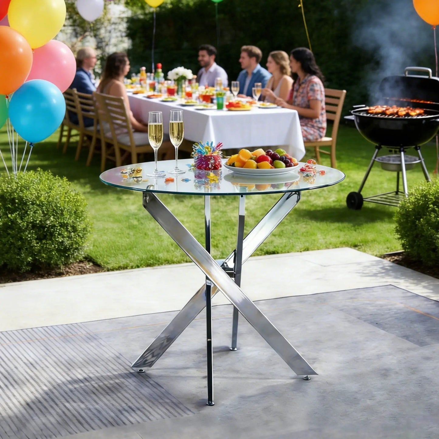 Glass round dining table with cross metal legs, tempered glass top, modern space-saving design on Tampa Home & Garden Store