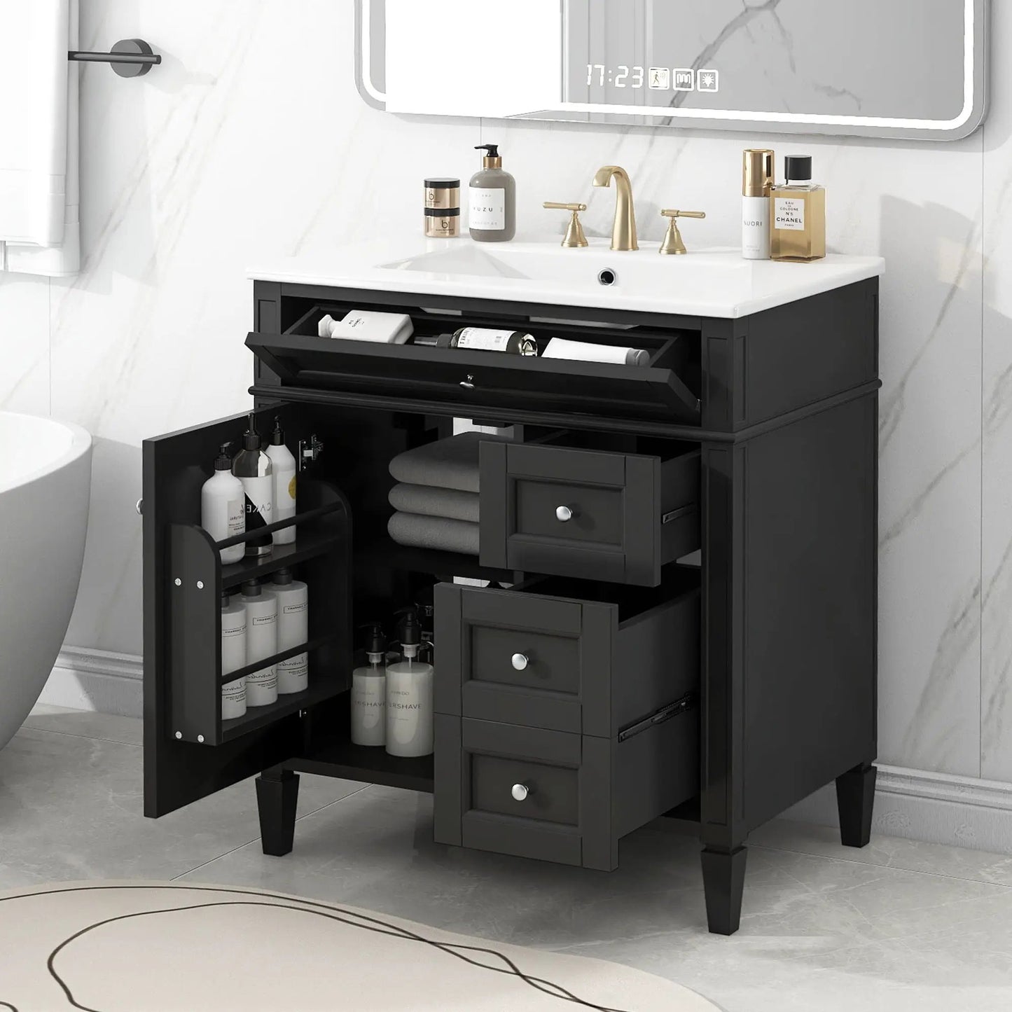 Bathroom vanity with top sink, black cabinet, white countertop, brass faucet, 2 drawers and tip-out drawer on Tampa Home & Garden Store