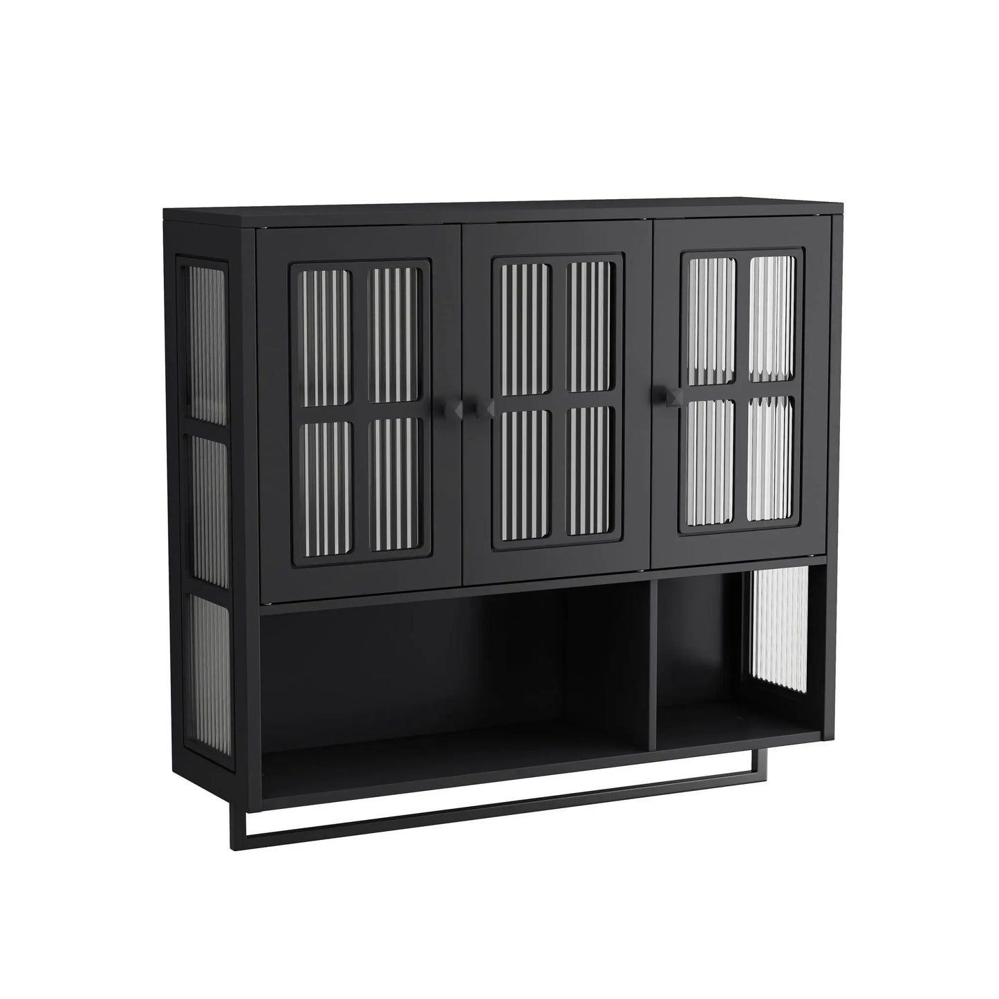 Black three-door wall cabinet with glass panel doors and towel bar Unique Piece Furniture on Tampa Home & Garden Store