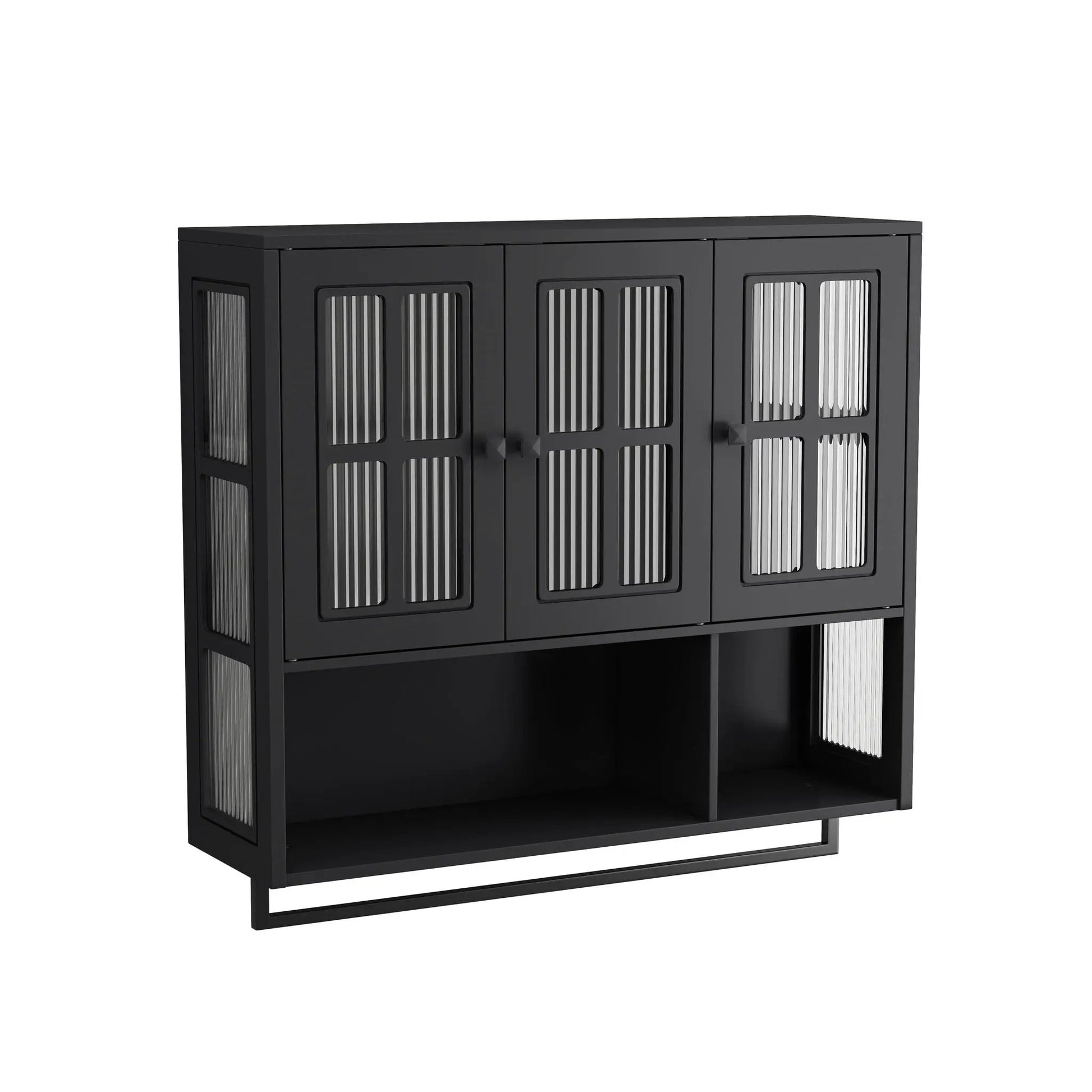 Black three-door wall cabinet with glass panel doors and towel bar Unique Piece Furniture on Tampa Home & Garden Store