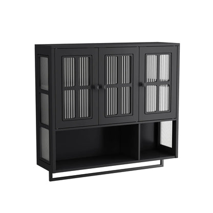 Black three-door wall cabinet with glass panel doors and towel bar Unique Piece Furniture on Tampa Home & Garden Store