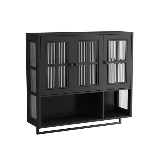 Black three-door wall cabinet with glass panel doors and towel bar Unique Piece Furniture on Tampa Home & Garden Store
