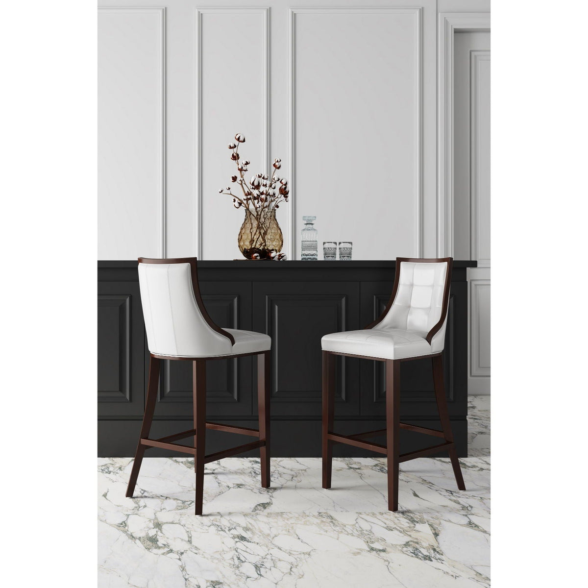 Two white bar-height stools with dark brown solid wood frames, upholstered seats on Tampa Home & Garden Store
