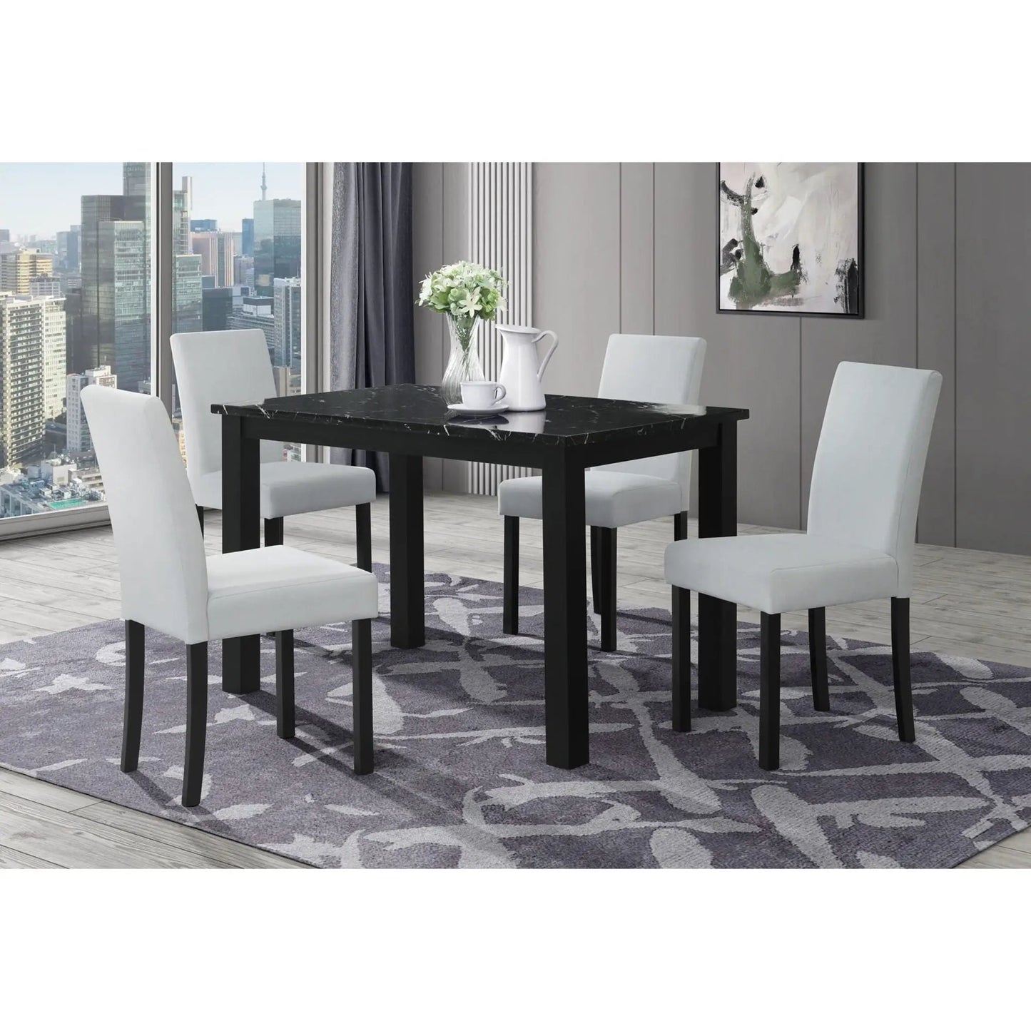 Sarang 5-piece dining set by Unique Piece Furniture with black marble top table and white chairs on Tampa Home & Garden Store