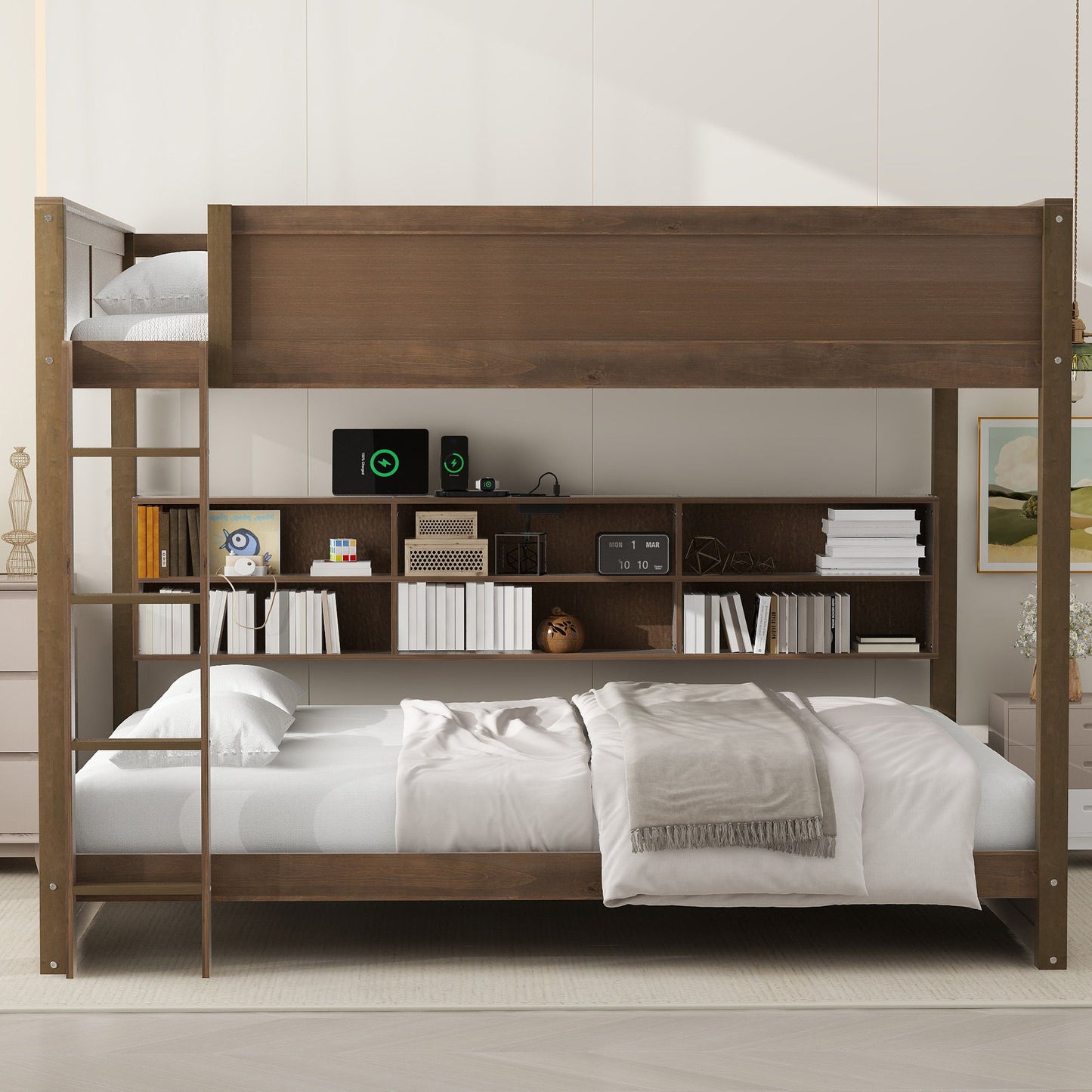 Bunk bed with storage cabinets and USB ports, HouseOfZazla, dark wood finish with left ladder on Tampa Home & Garden Store