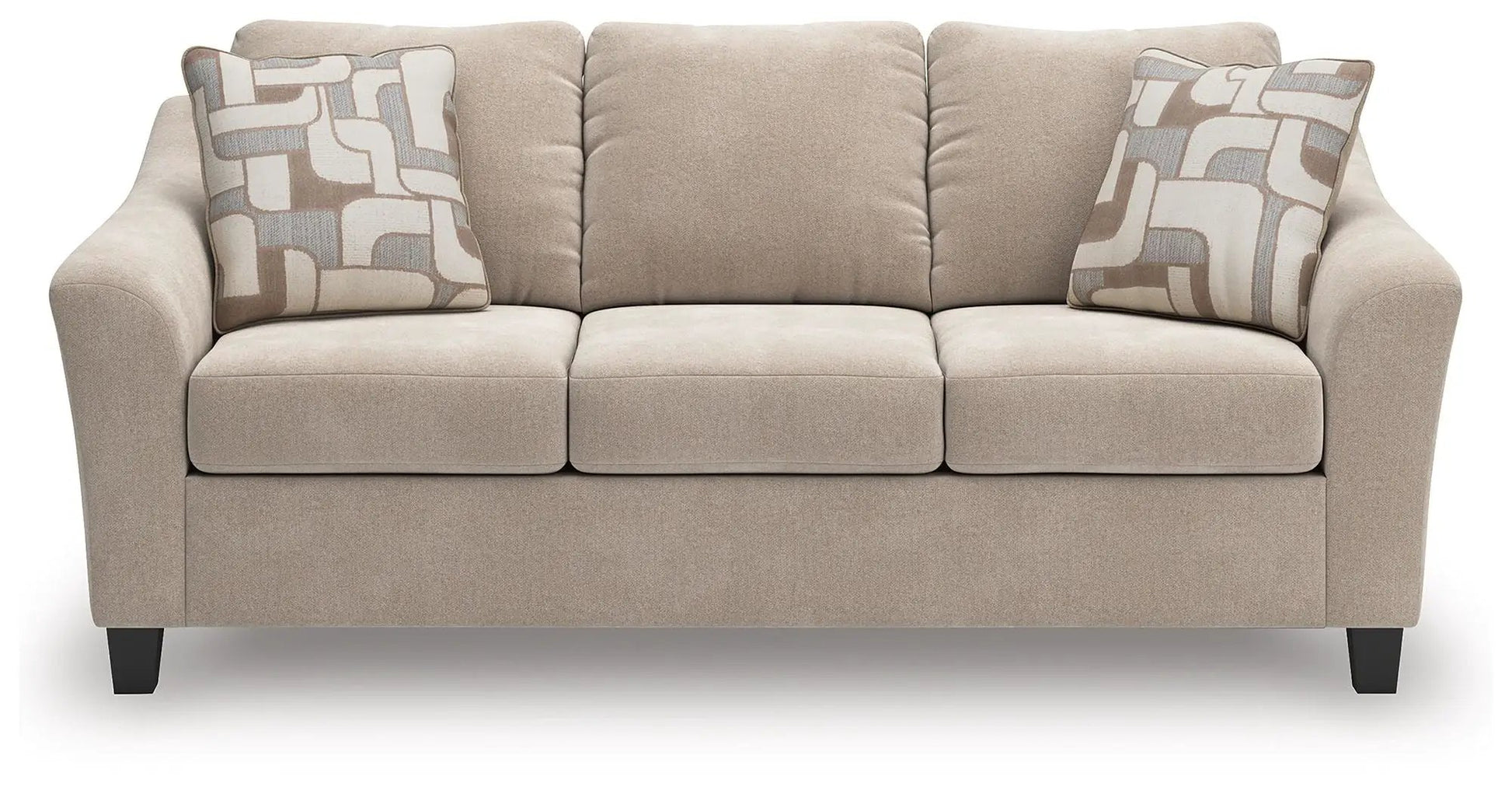 Willarae sofa, beige fabric sofa with two geometric-patterned pillows by Unique Piece Furniture on Tampa Home & Garden Store