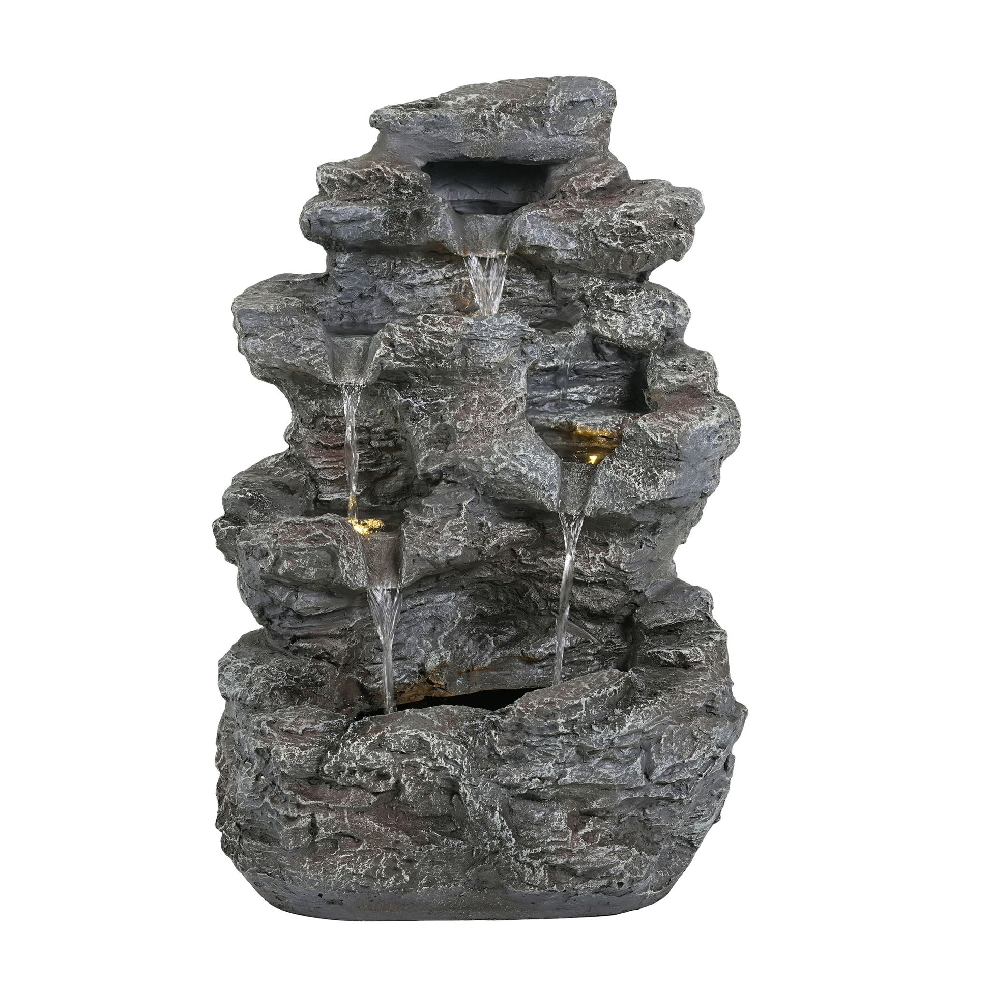 Concrete rock waterfall fountain with LED lights, stacked gray stones and flowing water on Tampa Home & Garden Store