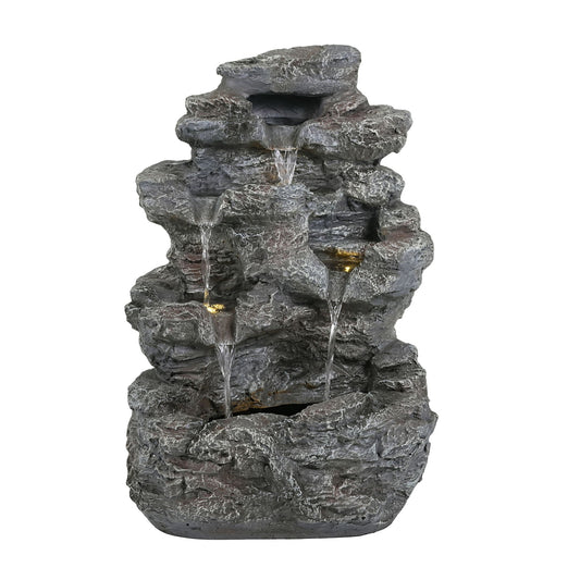 Concrete rock waterfall fountain with LED lights, stacked gray stones and flowing water on Tampa Home & Garden Store