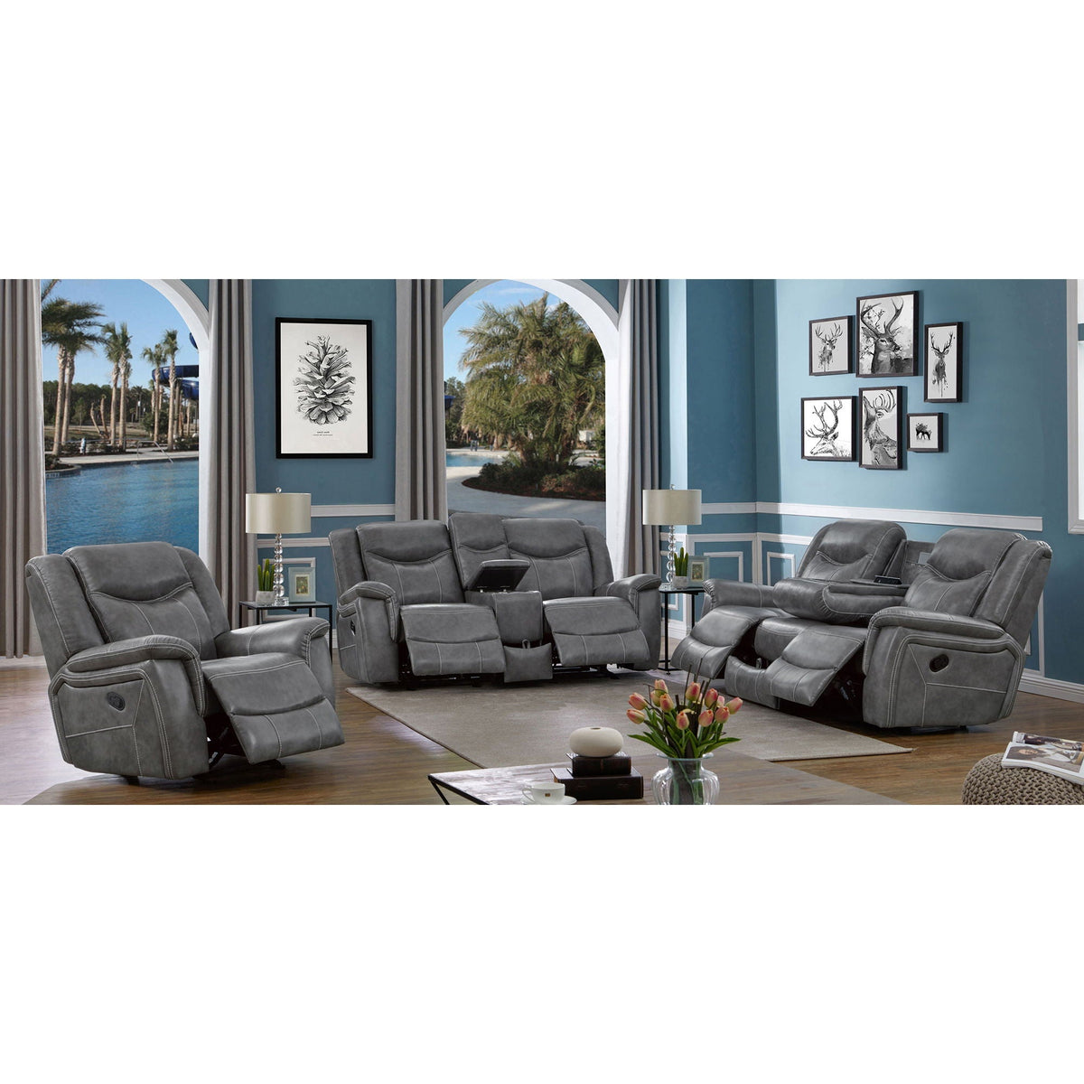 Hudson Gray Reclining Sofa and Pillow Top Arms