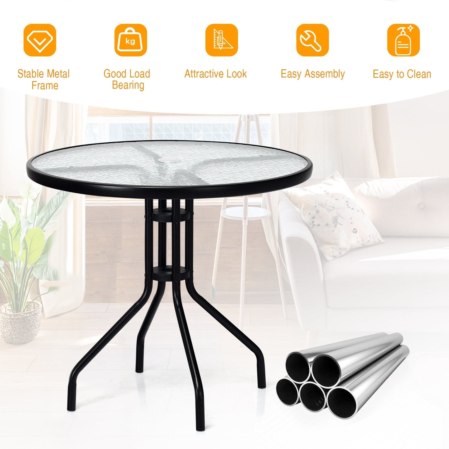 Mesa Redonda para Patio Exterior de 32 Pulgadas con Tapa de Vidrio Templado y Agujero para Sombrilla