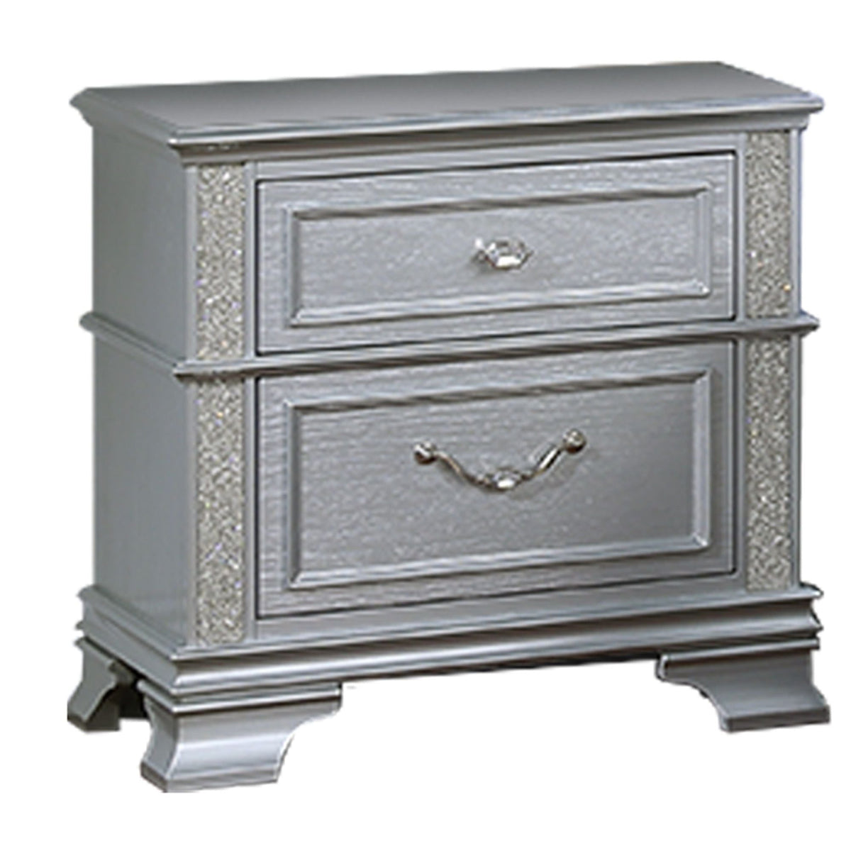3 Piece Bedroom Set with bed and two nightstands, silver mirrored finish with crystal trim on Tampa Home & Garden Store