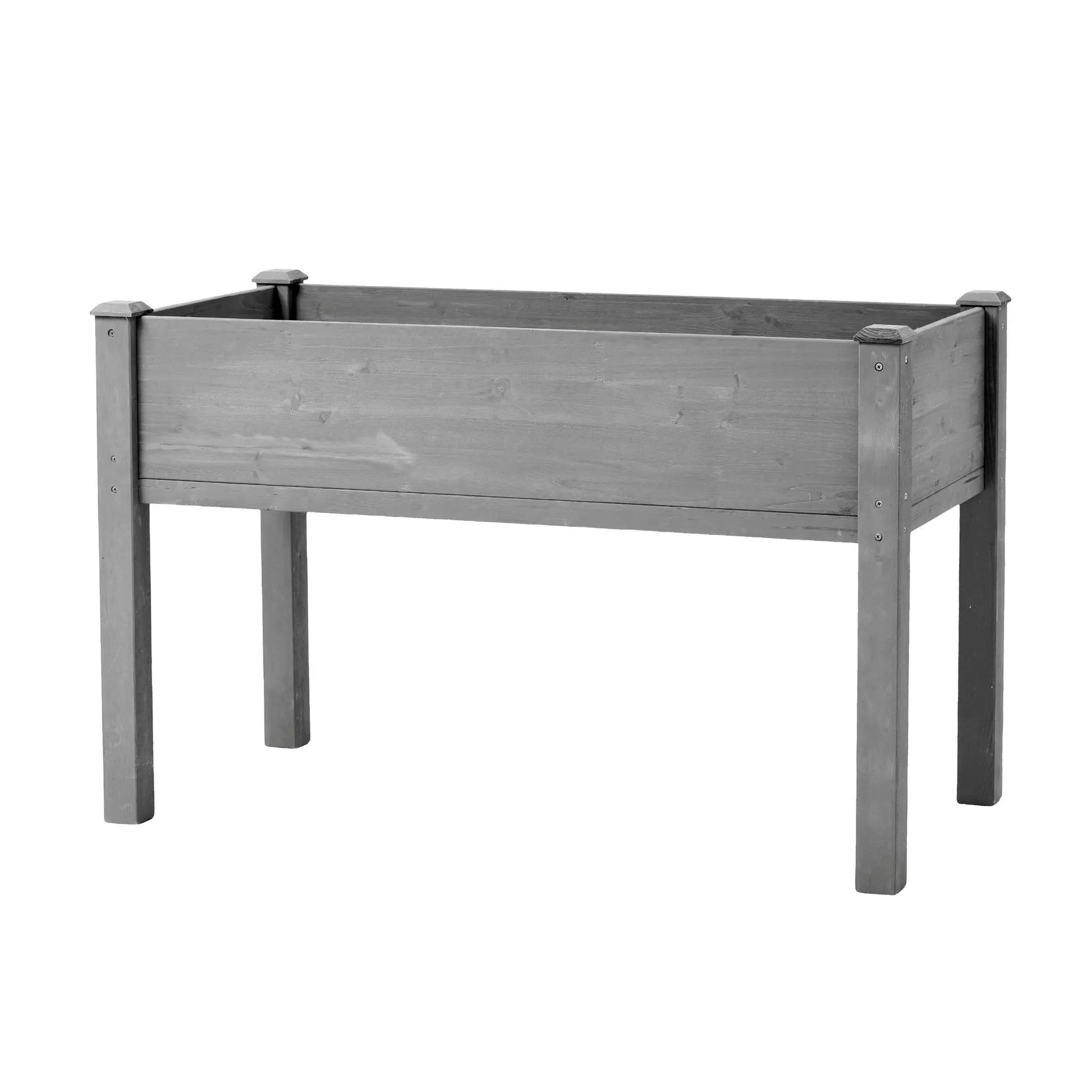 Planter elevated wooden raised garden bed on four legs with cap posts in gray finish by Unique Piece Furniture on Tampa Home & Garden Store