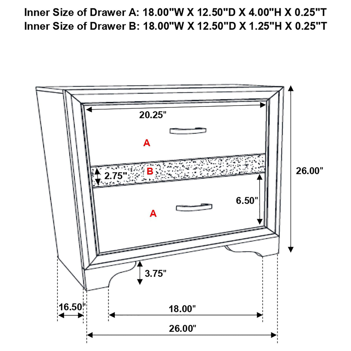 Annie 4 Piece Bedroom Set dresser schematic with drawers A & B and measurement lines on Tampa Home & Garden Store