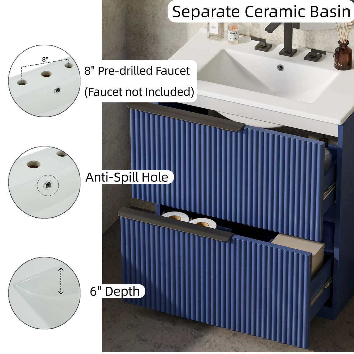 Fluted bathroom vanity with ceramic sink, blue ribbed cabinet, HouseOfZazla brand on Tampa Home & Garden Store