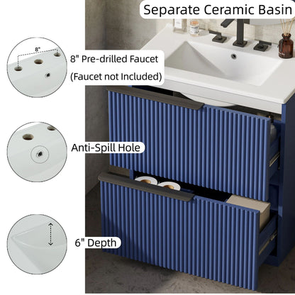 Fluted bathroom vanity with ceramic sink, blue ribbed cabinet, HouseOfZazla brand on Tampa Home & Garden Store