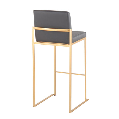 Contemporary high-back barstool with upholstered gray seat and back, gold metal frame on Tampa Home & Garden Store