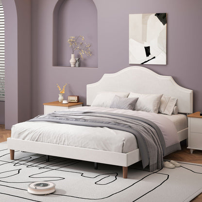 King Upholstered Platform Bed Frame in White