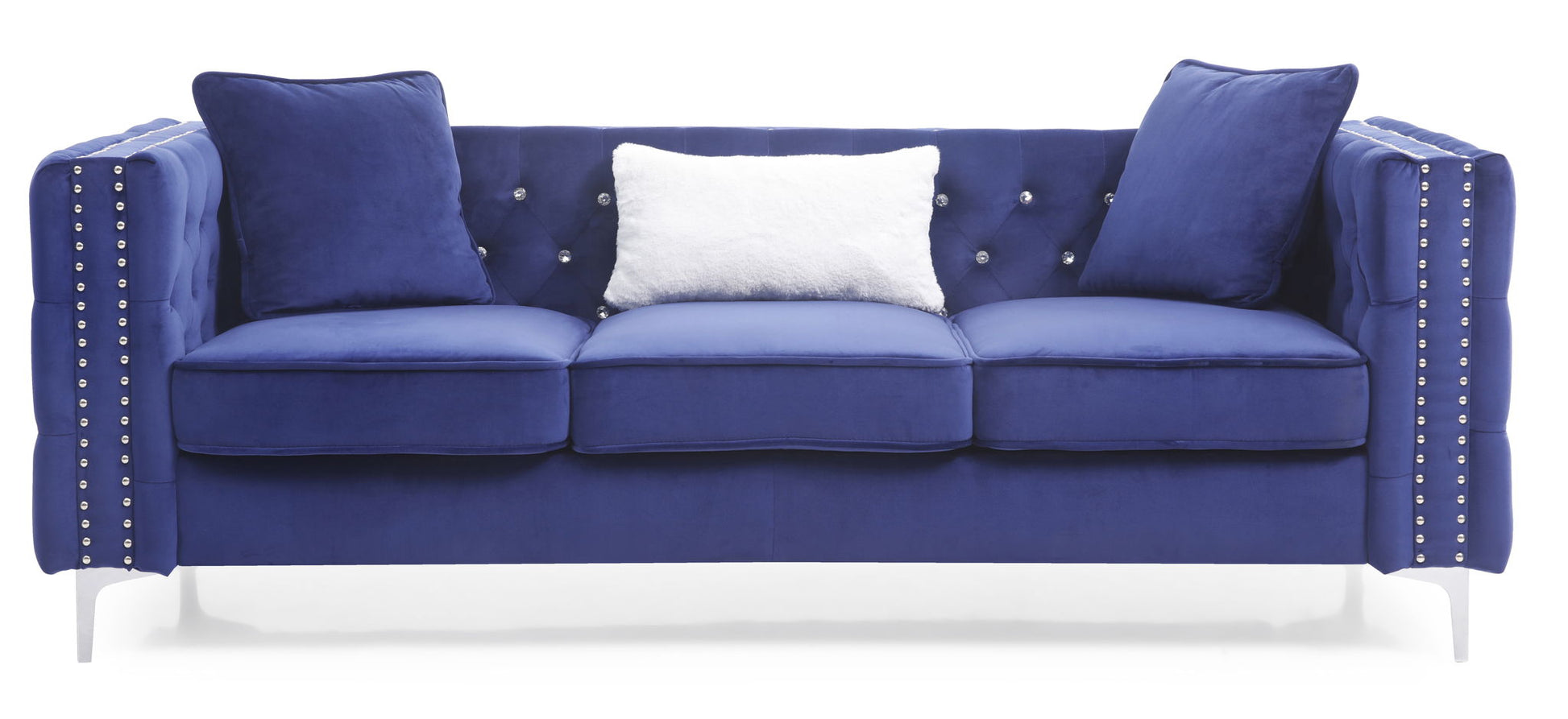 Paige sofa by HouseOfZazla in royal blue velvet three-seat with tufted back and crystal buttons on Tampa Home & Garden Store