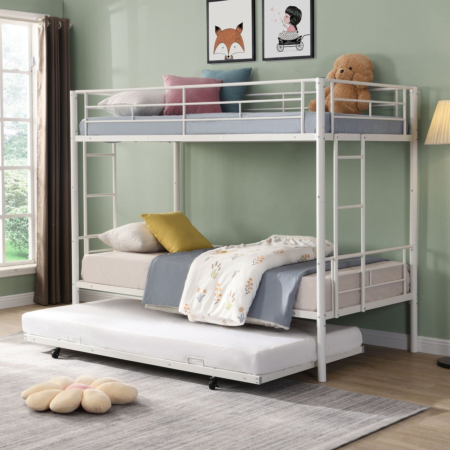 Modern Metal Frame Bunk Bed With Trundle