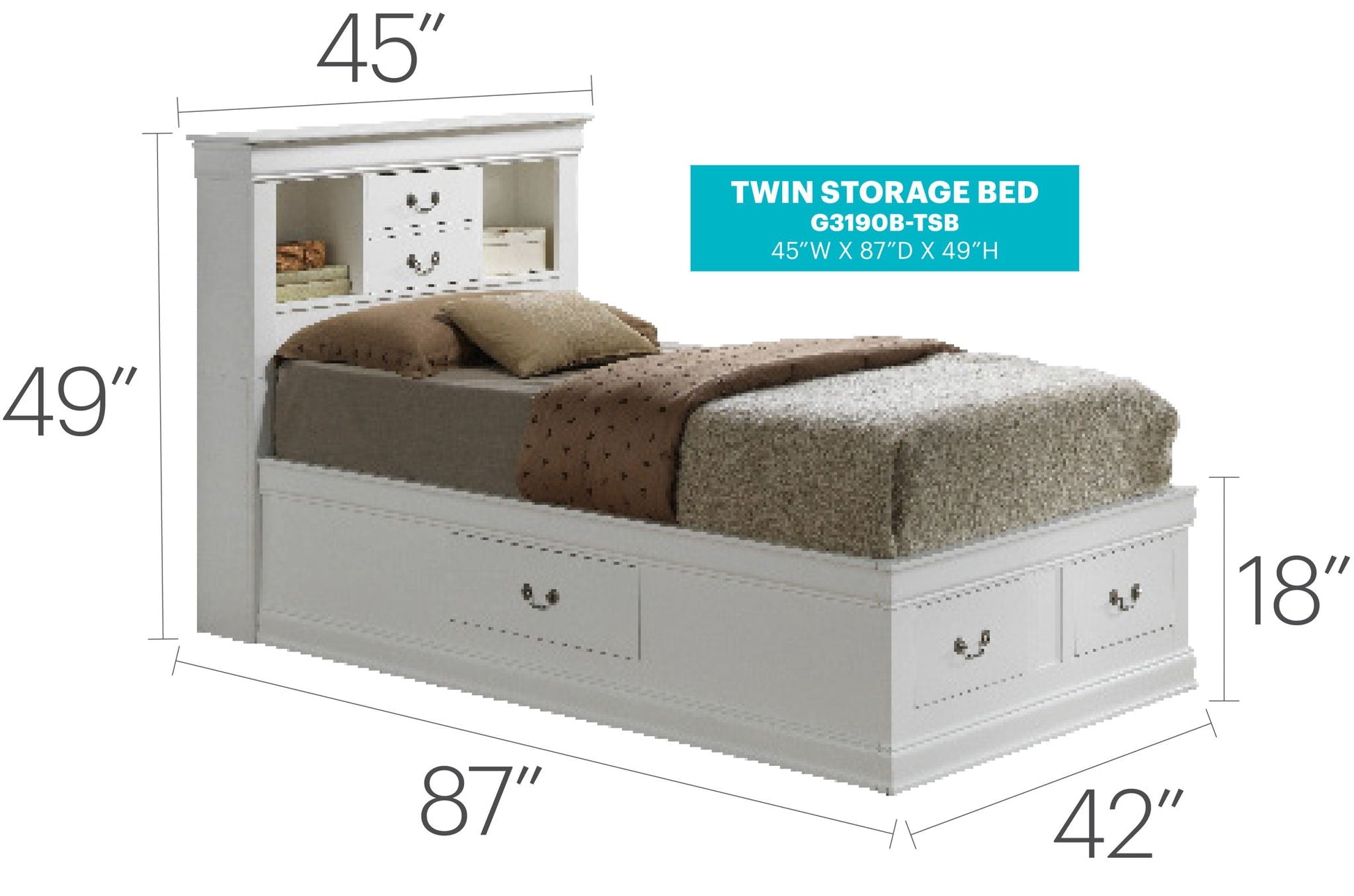 Twin storage bed in white with built-in bookcase headboard and footboard drawers, HouseOfZazla on Tampa Home & Garden Store
