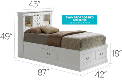 Twin storage bed in white with built-in bookcase headboard and footboard drawers, HouseOfZazla on Tampa Home & Garden Store