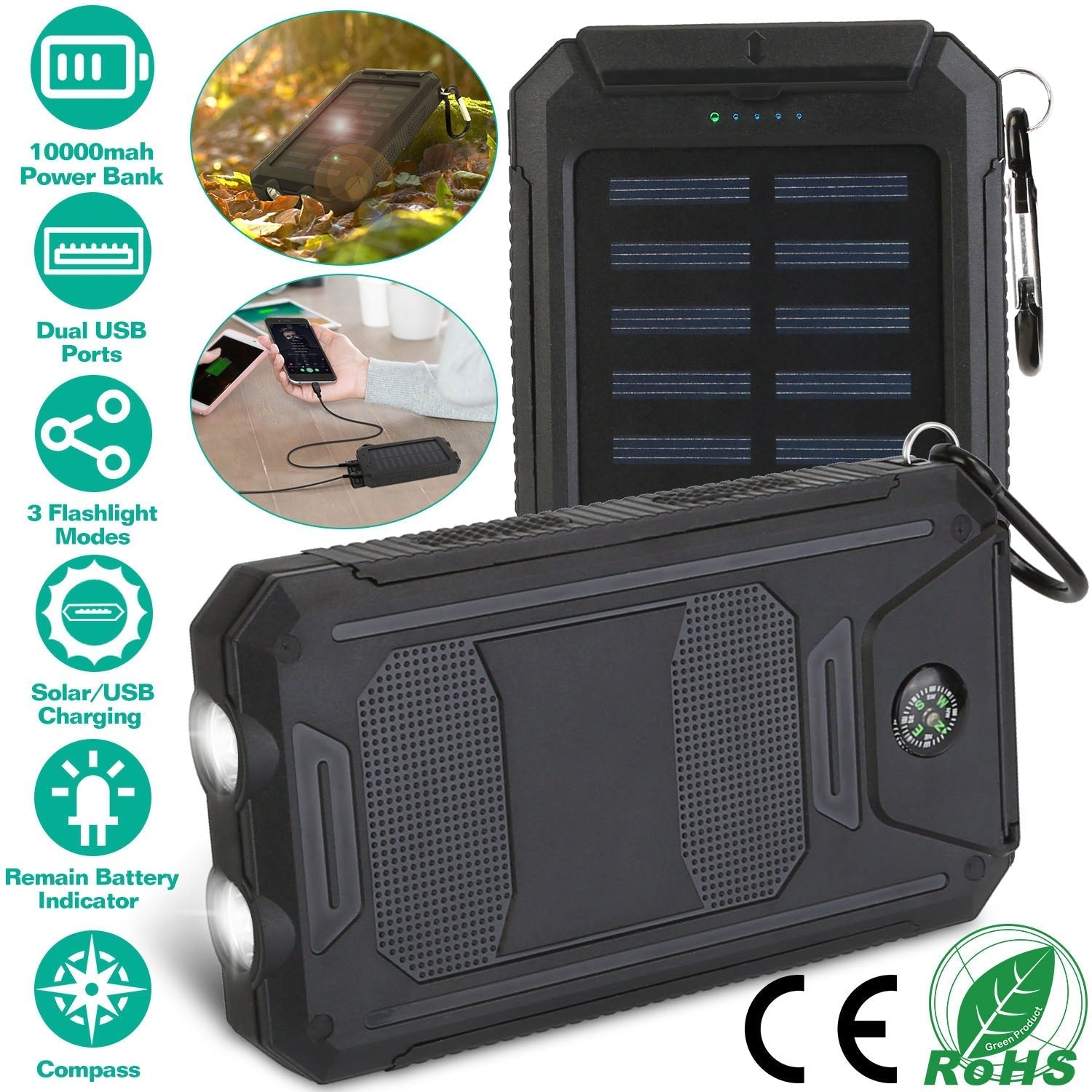 GemGear 10000mAh solar power bank outdoor charger with dual USB ports, LED indicators, compass on Tampa Home & Garden Store