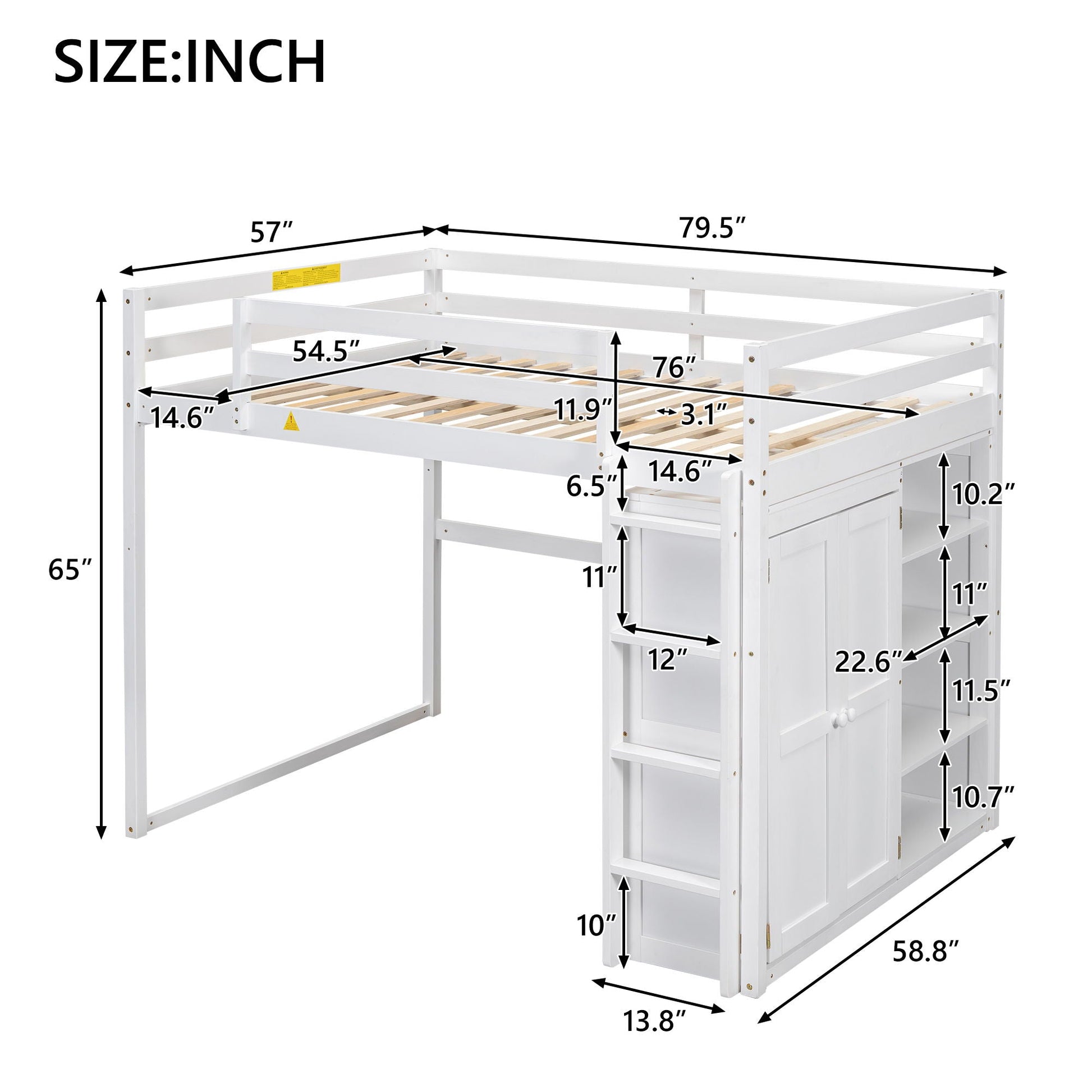 Loft bed with built-in wardrobe, storage shelves, and LED light in white by HouseOfZazla on Tampa Home & Garden Store