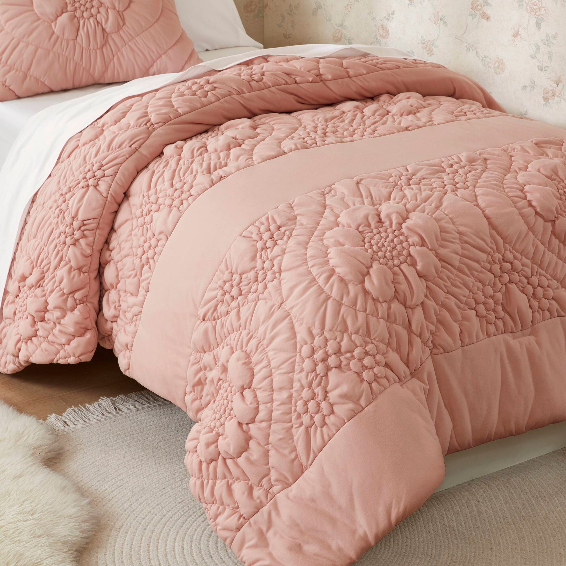 3-Piece Full/Queen Comforter Set by HouseOfZazla in blush pink, quilted tufted pattern with 2 matching pillow shams on Tampa Home & Garden Store