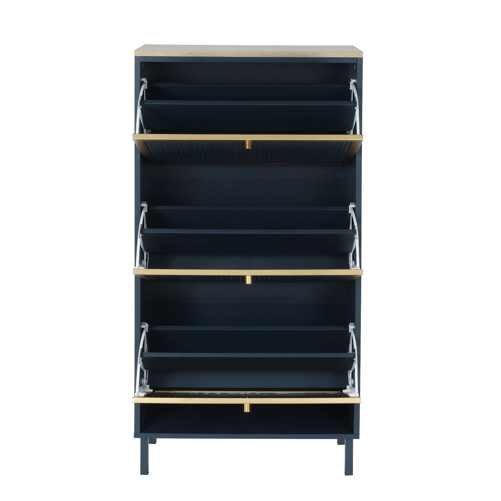 3-door shoe cabinet HouseOfZazla in navy with light wood trim and gold accents on Tampa Home & Garden Store