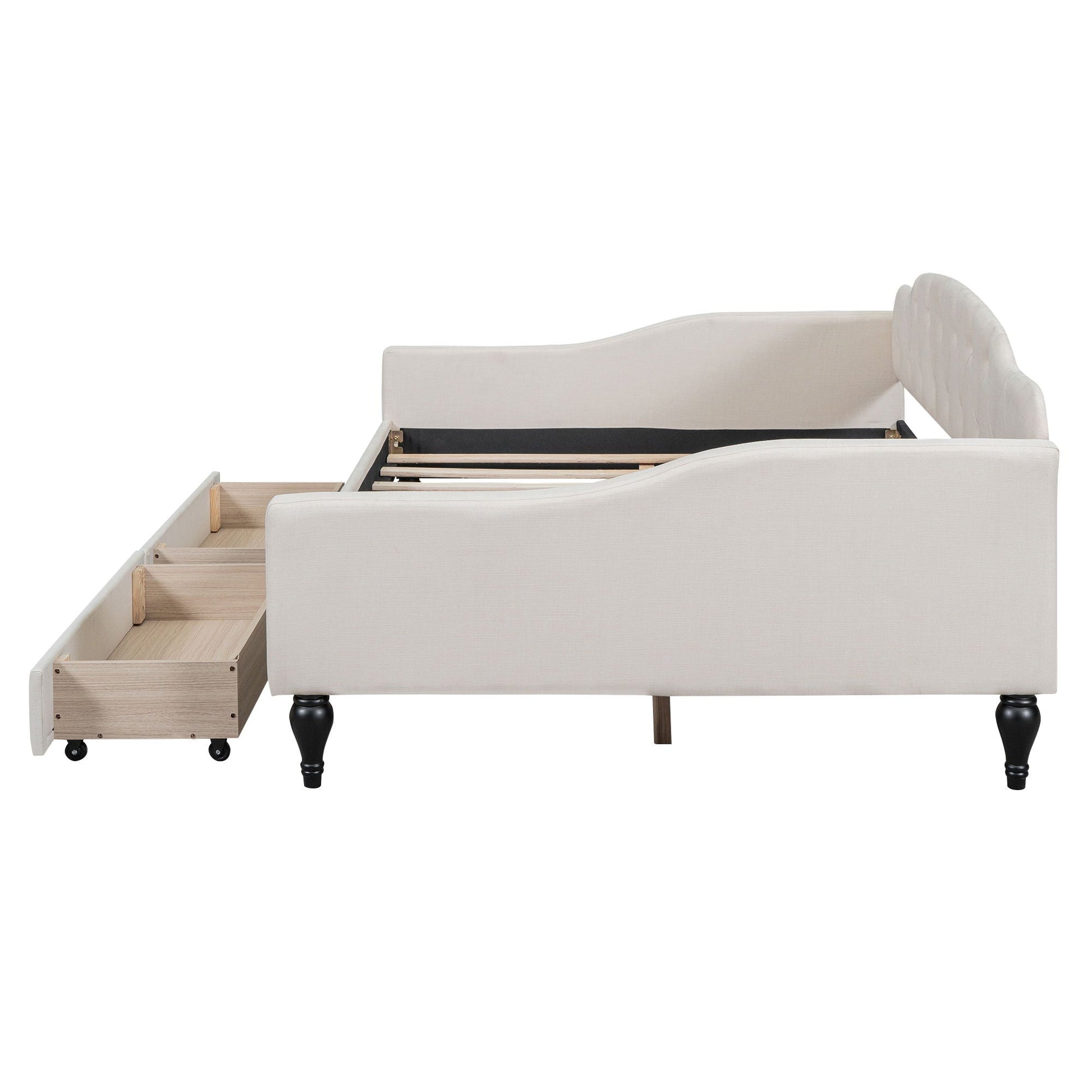 Upholstered tufted daybed in beige fabric by HouseOfZazla with rolling storage drawer on Tampa Home & Garden Store