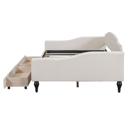 Upholstered tufted daybed in beige fabric by HouseOfZazla with rolling storage drawer on Tampa Home & Garden Store