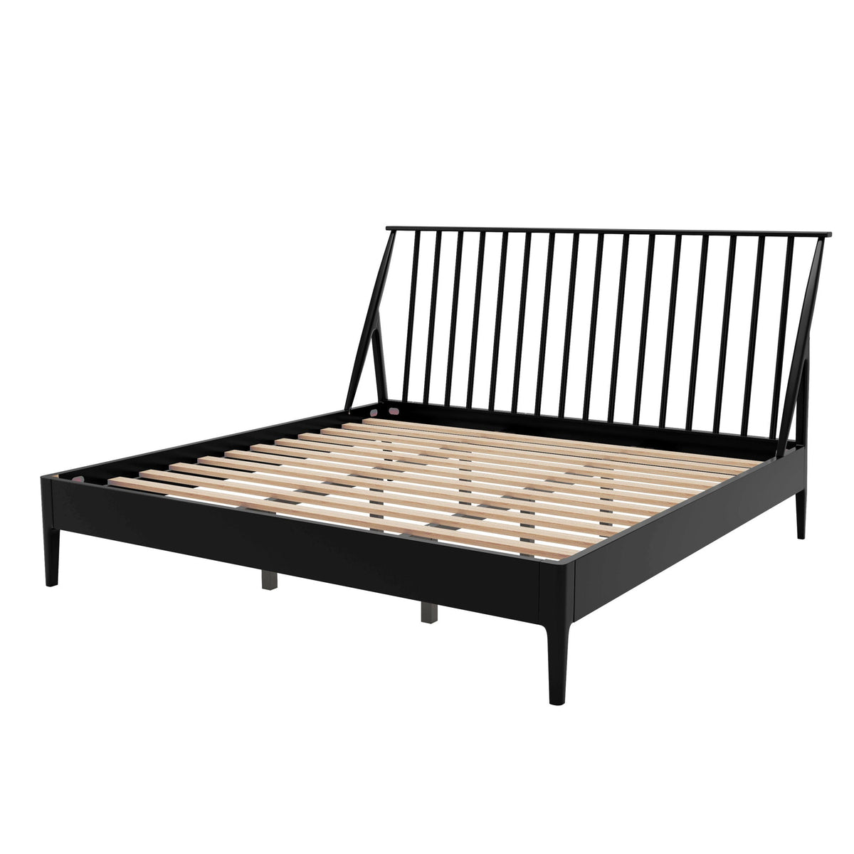 Bohemian platform bed with tall black metal headboard and wood slat base HouseOfZazla on Tampa Home & Garden Store