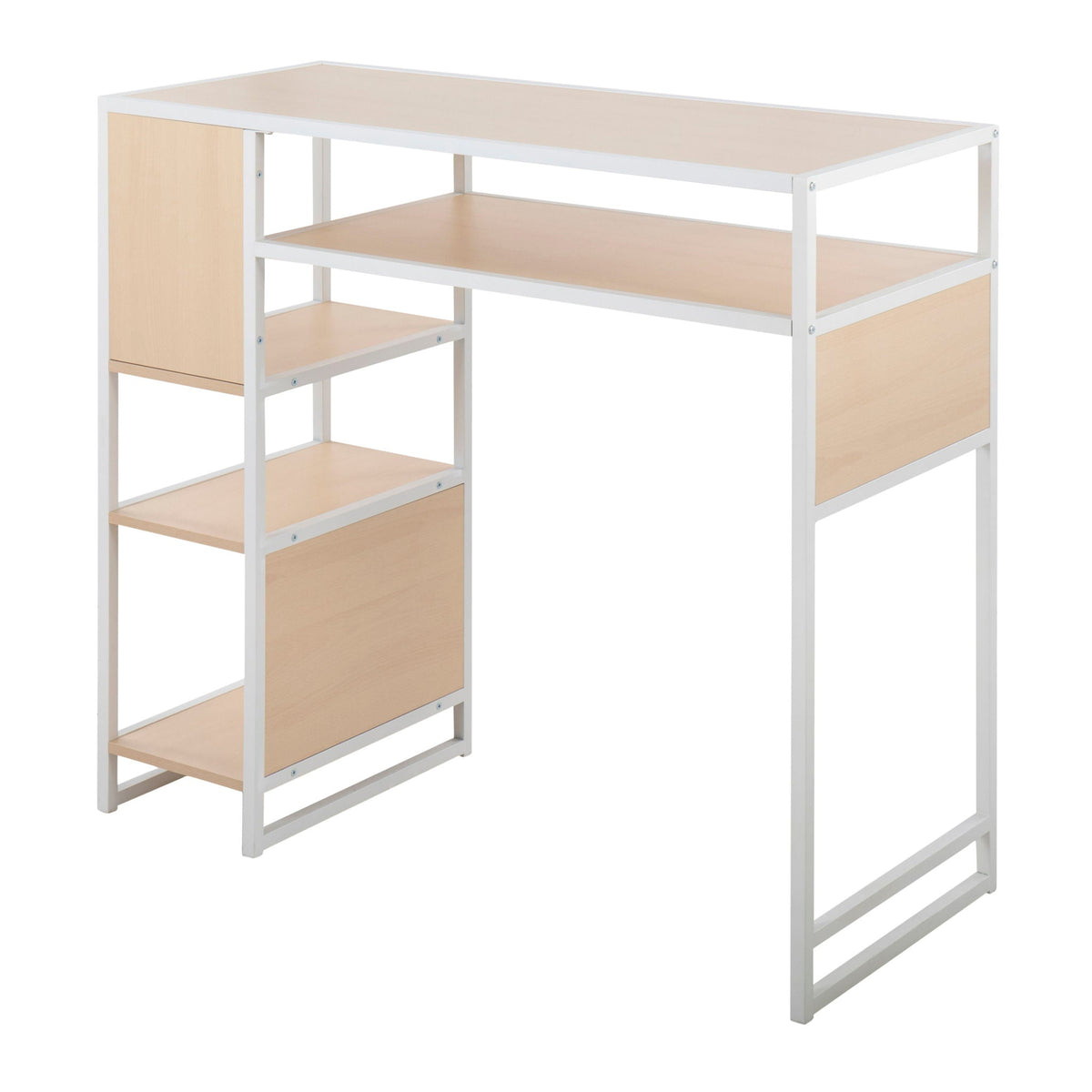 Farmhouse bar-height table with storage, light brown wood shelves, white metal frame on Tampa Home & Garden Store