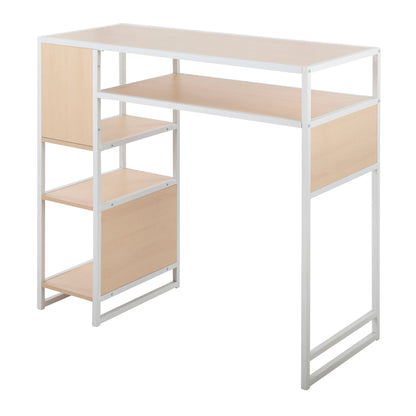 Farmhouse bar-height table with storage, light brown wood shelves, white metal frame on Tampa Home & Garden Store