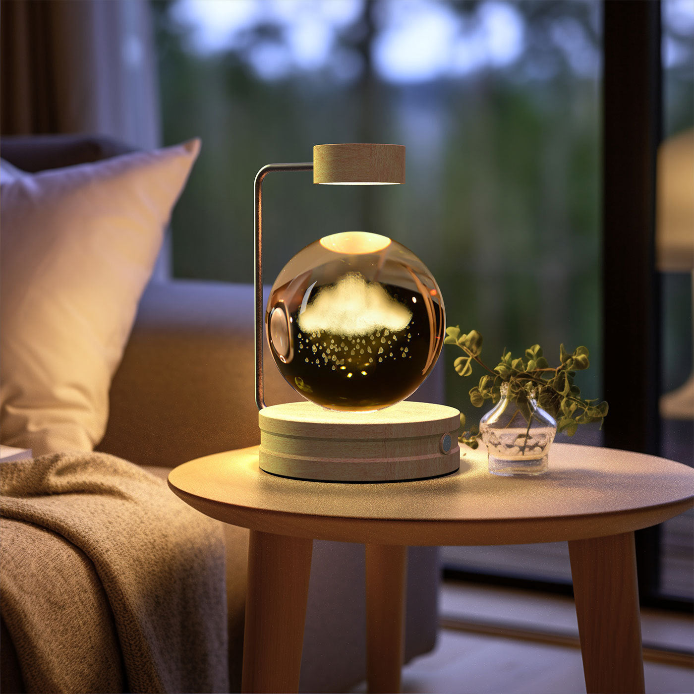 Crystal Ball Cosmic Dinosaur USB night light with warm bedside glow on wooden base on Tampa Home & Garden Store