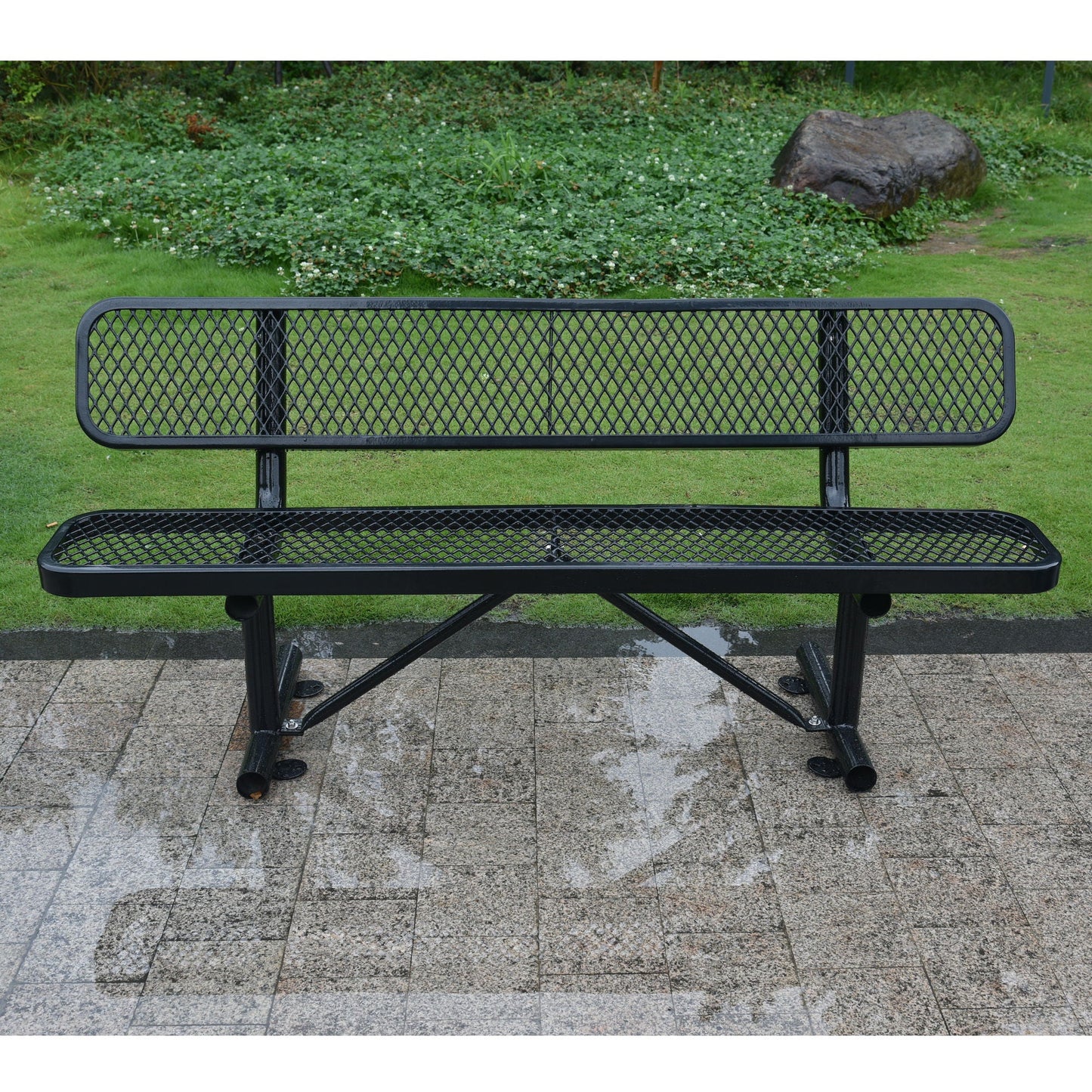 6' Outdoor Steel Bench With Backrest black metal mesh design HouseOfZazla on Tampa Home & Garden Store