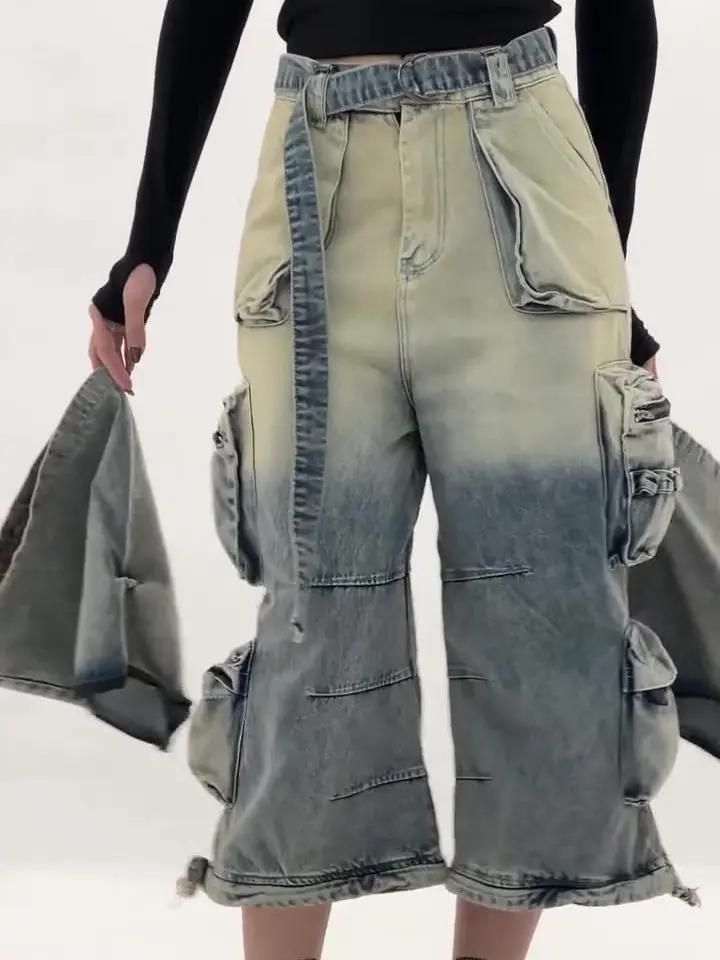 High-Waisted Ombre Cargo Jeans by FLIPSTYLEZLLC in blue denim with multiple pockets on Tampa Home & Garden Store