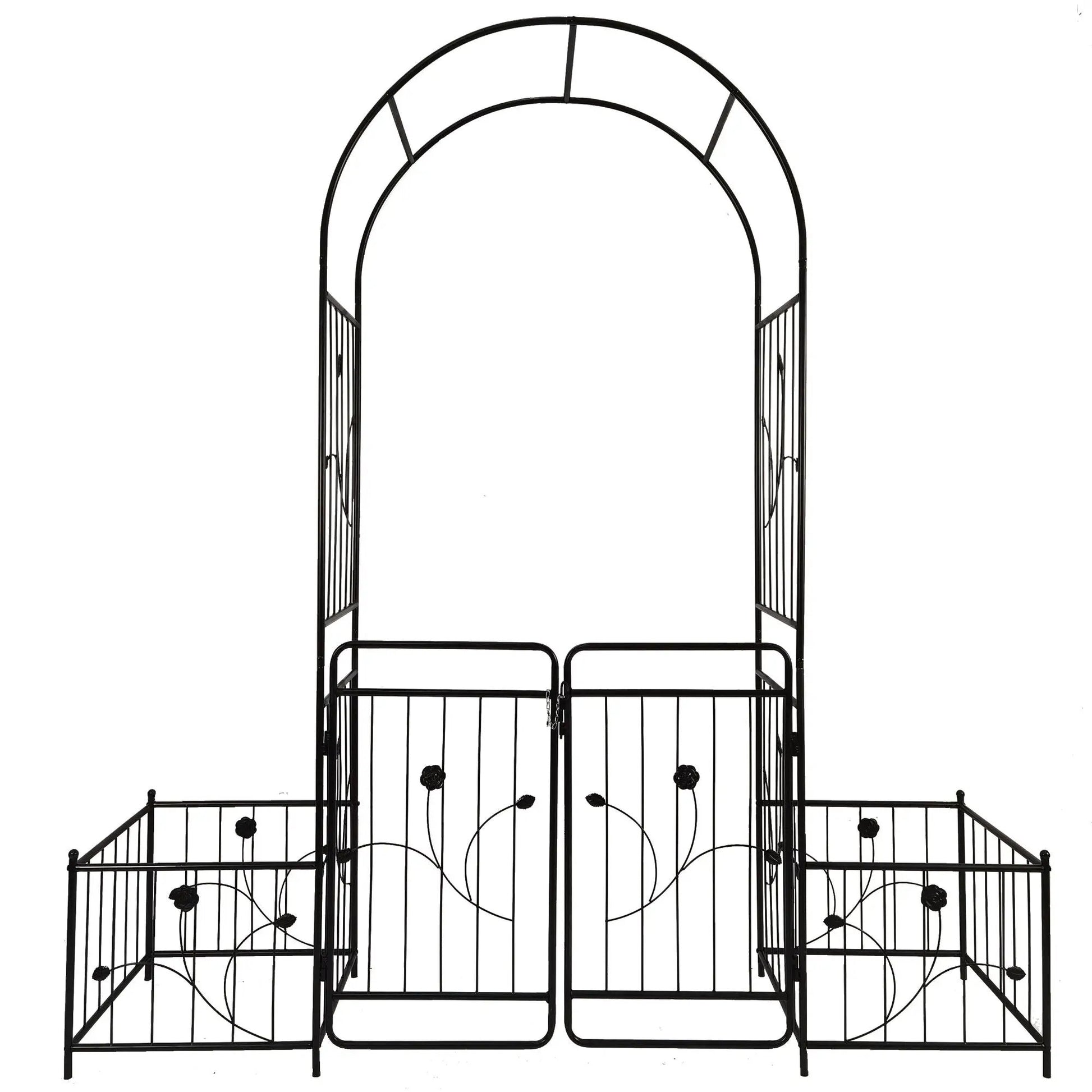 Metal garden arch with gate for climbing plants, black outdoor decor on Tampa Home & Garden Store