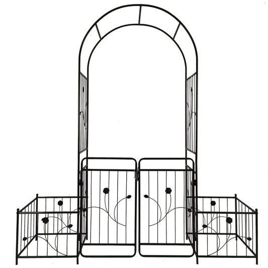 Metal garden arch with gate for climbing plants, black outdoor decor on Tampa Home & Garden Store