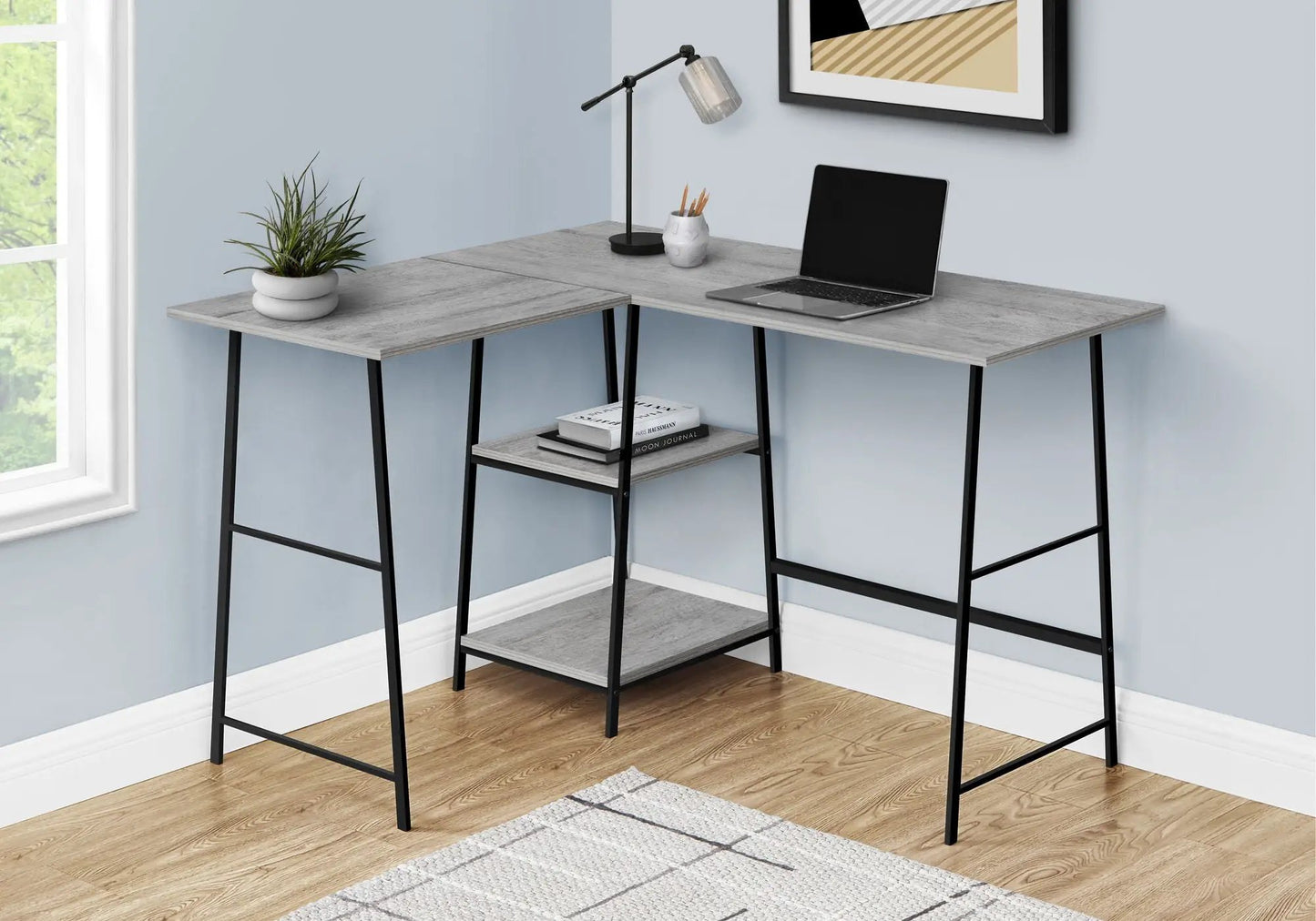 Unique Piece Furniture L-shaped corner desk with gray wood top and black metal legs, storage shelf on Tampa Home & Garden Store