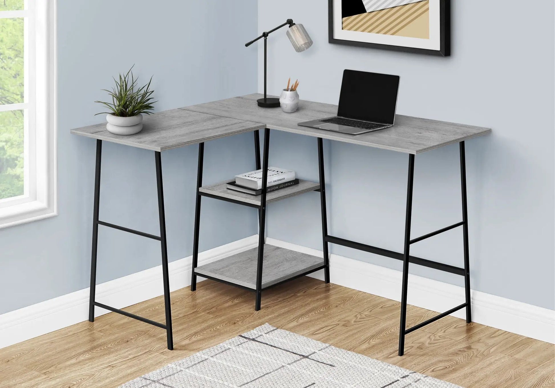 Unique Piece Furniture L-shaped corner desk with gray wood top and black metal legs, storage shelf on Tampa Home & Garden Store