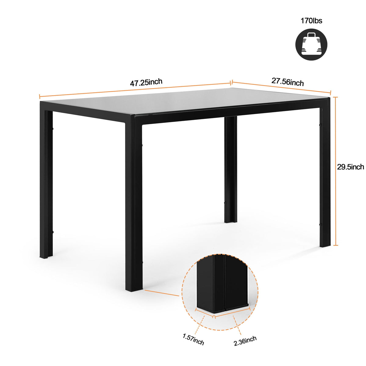 Black dining table with tempered glass top and metal frame, 47.25in x 27.56in on Tampa Home & Garden Store