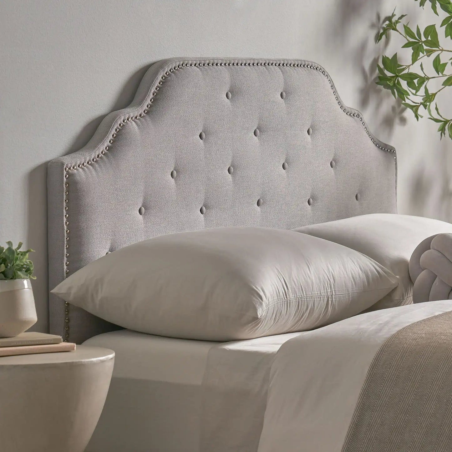 Luella Button Tufted Headboard in light gray fabric with nailhead trim by HouseOfZazla on Tampa Home & Garden Store