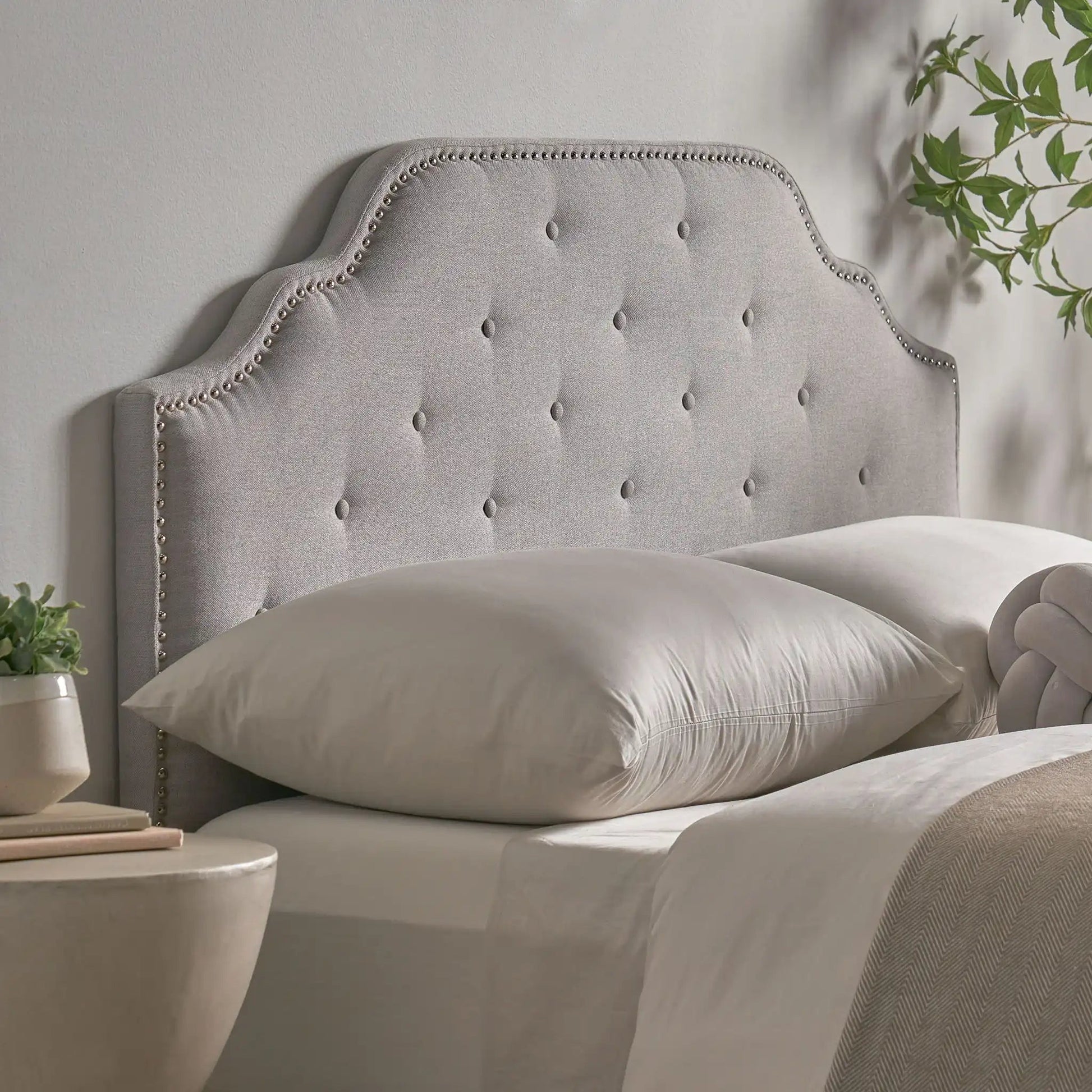 Luella Button Tufted Headboard in light gray fabric with nailhead trim by HouseOfZazla on Tampa Home & Garden Store