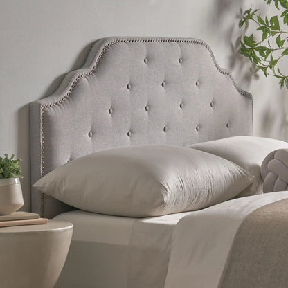 Luella Button Tufted Headboard in light gray fabric with nailhead trim by HouseOfZazla on Tampa Home & Garden Store