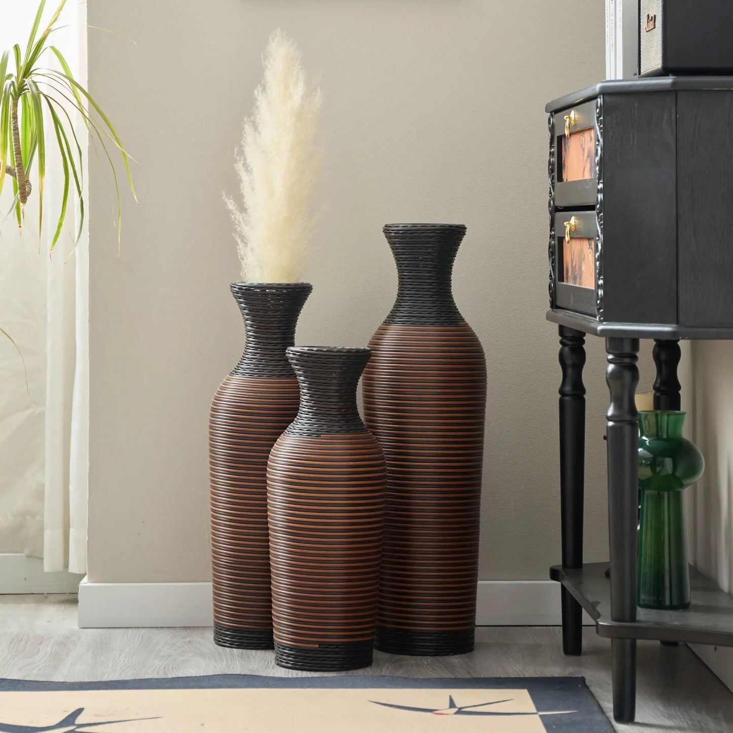 Set of 3 tall woven floor vases in black and brown with ribbed texture on Tampa Home & Garden Store