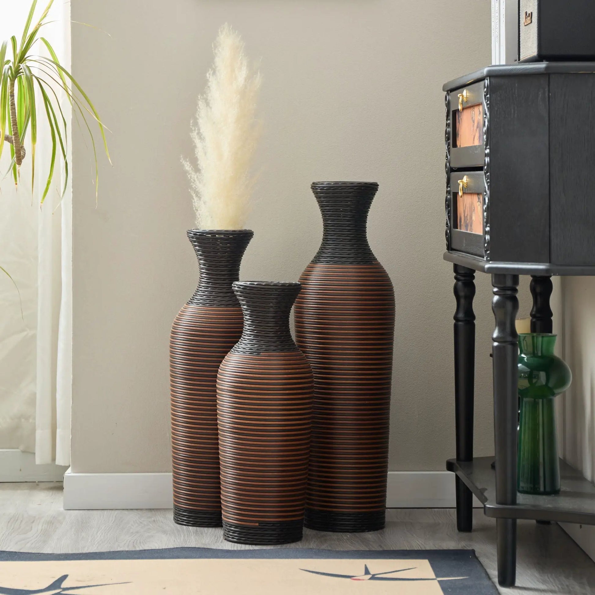Set of 3 tall woven floor vases in black and brown with ribbed texture on Tampa Home & Garden Store